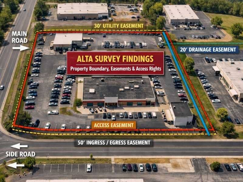 Aerial view of a commercial property showing ALTA survey findings, including boundary lines, easements, and access rights