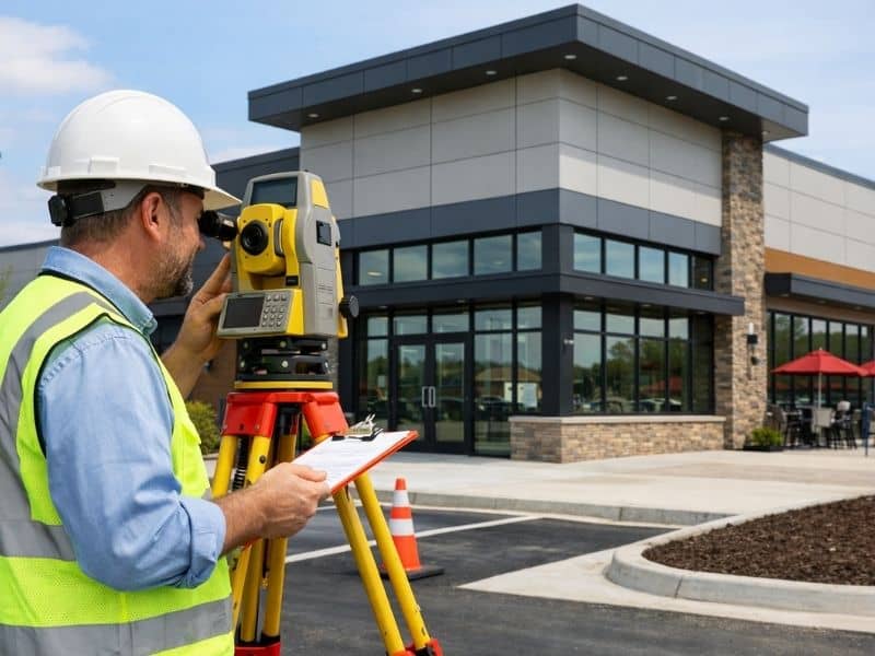 Surveyor conducting an as-built survey at a newly completed commercial building