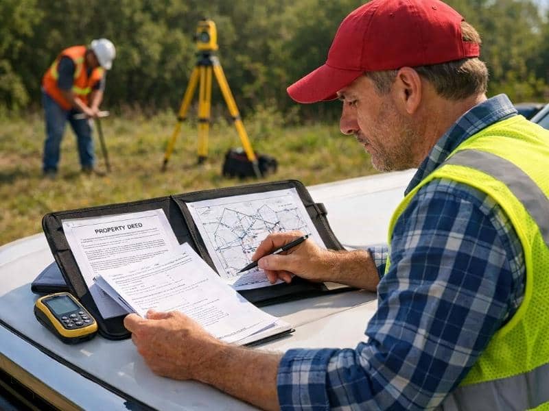 Surveyor reviewing property records and survey maps while a field crew performs boundary survey measurements