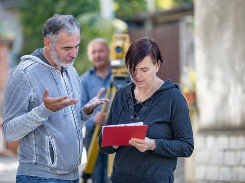 Property owner discussing land survey cost and survey requirements with a licensed survey professional