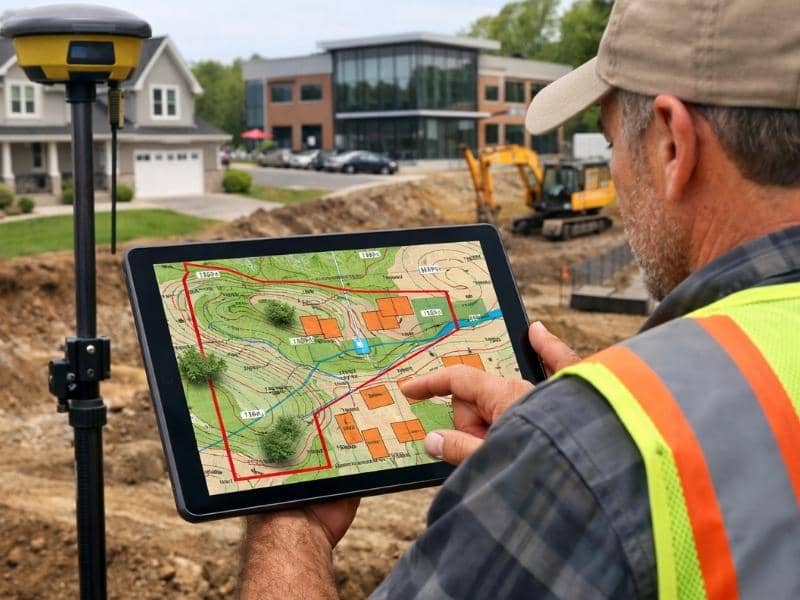 Surveyor using digital mapping technology to review land surveys for residential and commercial properties