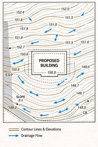 Topographic survey showing contour lines, elevation data, drainage flow, and a proposed building location