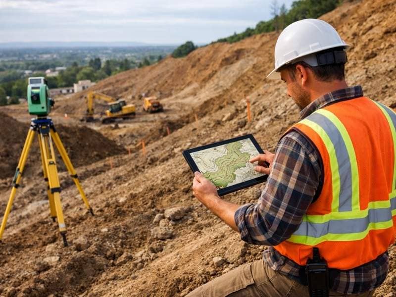 Surveyor conducting a topographic survey on a sloped site before grading and construction